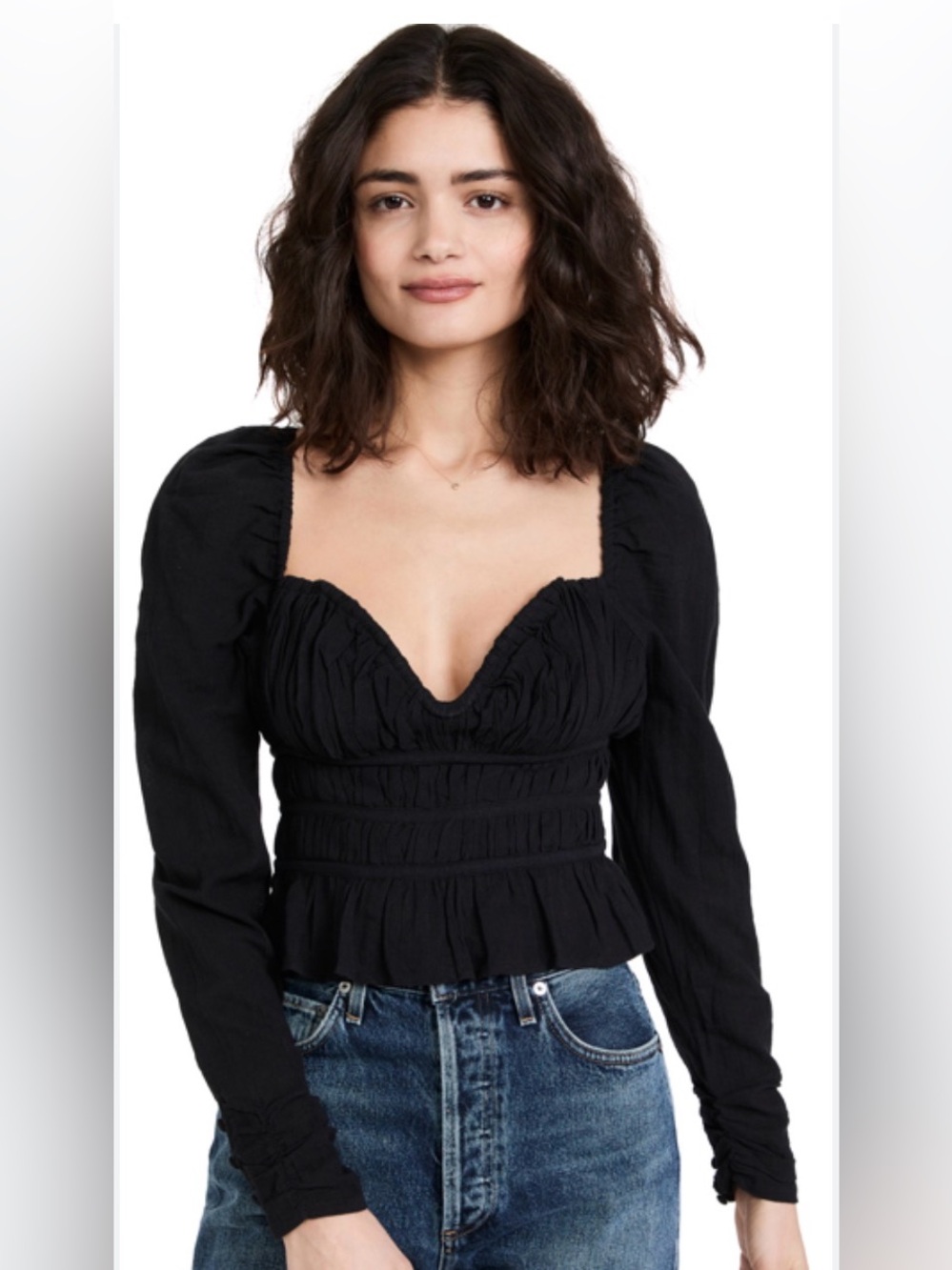 Free People Chloe Top Black Smocked Long-Sleeve Crop